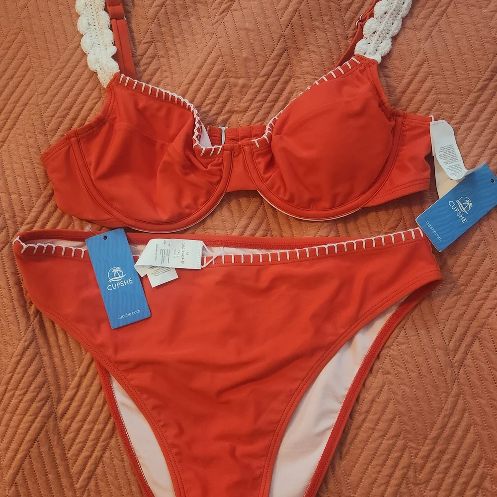 Cupshe Vibrant Orange Bikini with White Accents - Picture 3 of 5